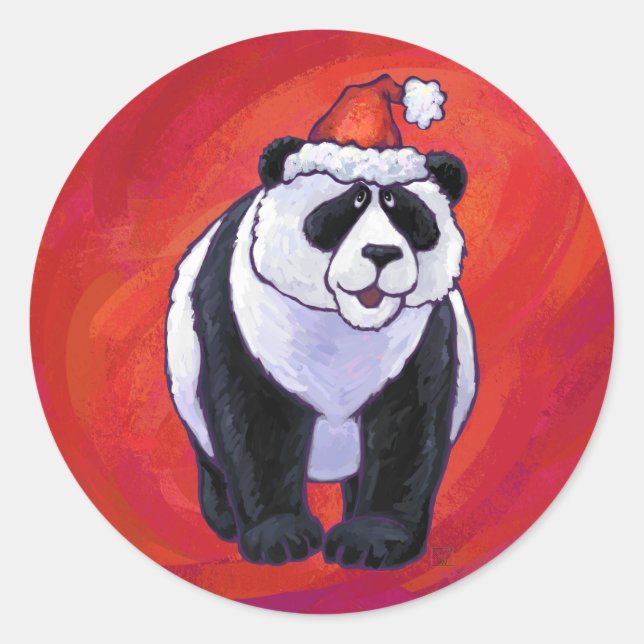Panda Bear in Santa Hat On Red Classic Round Sticker (Front)