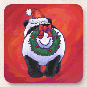 Panda Bear in Santa Hat On Red Coaster