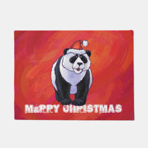 Panda Bear in Santa Hat On Red Doormat