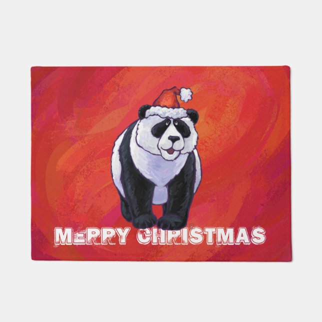 Panda Bear in Santa Hat On Red Doormat (Front)