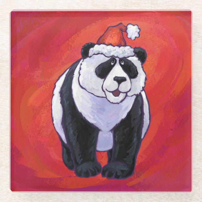 Panda Bear in Santa Hat On Red Glass Coaster (Front)
