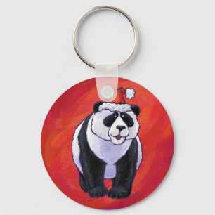 Panda Bear in Santa Hat On Red Keychain