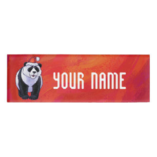 Panda Bear in Santa Hat On Red Name Tag