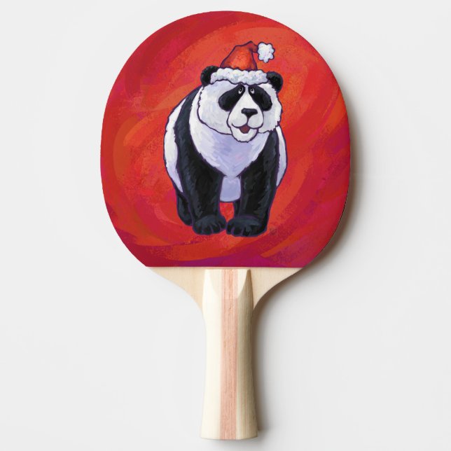Panda Bear in Santa Hat On Red Ping Pong Paddle (Front)