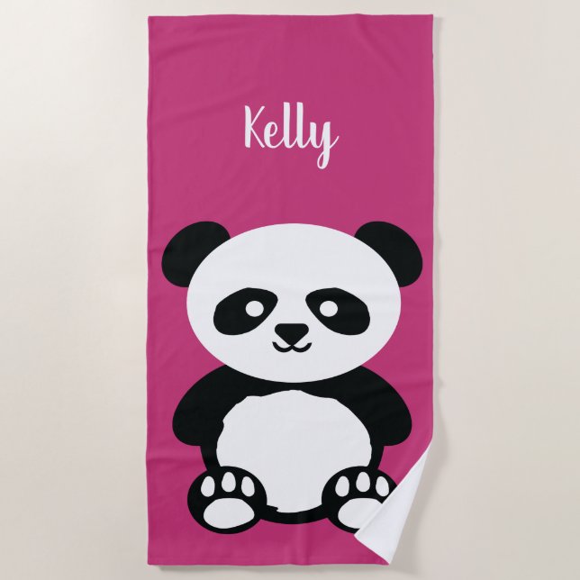 Panda Bear Kawaii Personalized Kids Bright Pink Beach Towel (Front)