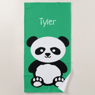 Panda Bear Kawaii Personalized Kids Green Beach Towel