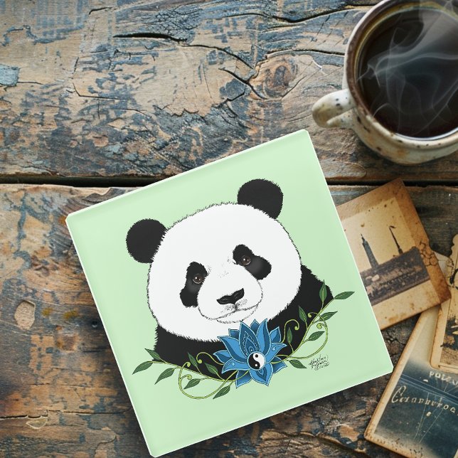  Panda Bear Lotus Flower Blue Glass Coaster (Creator Uploaded)