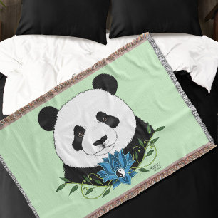 Panda Bear Lotus Flower Blue Throw Blanket