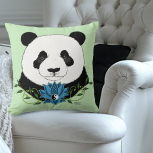 Panda Bear Lotus Flower Blue Throw Pillow