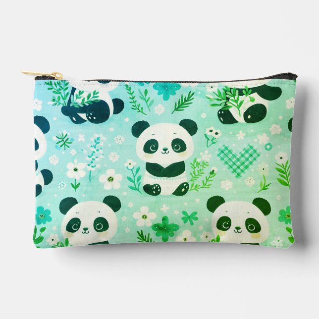 Panda Bear Pattern Green Print Accessory Pouch (Front)