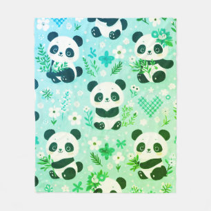 Panda Bear Pattern Green Print Fleece Blanket
