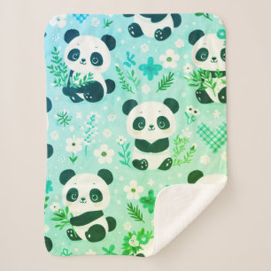Panda Bear Pattern Green Print Sherpa Blanket
