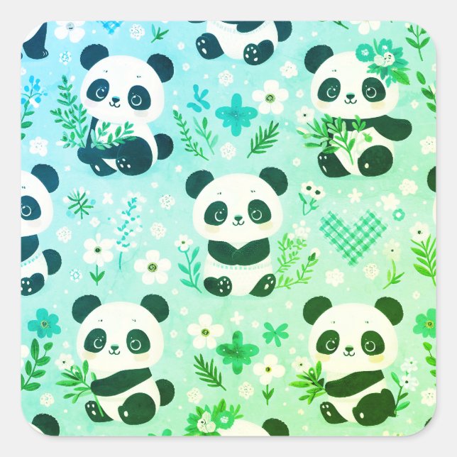 Panda Bear Pattern Green Print Square Sticker (Front)