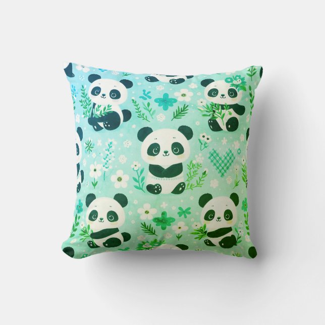 Panda Bear Pattern Green Print Throw Pillow (Front)