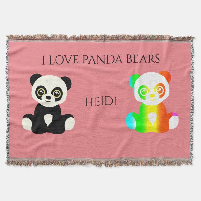 Panda bear personalized name throw blanket. (Front)