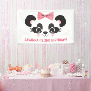 Panda Bear Pink Birthday Party Backdrop Banner