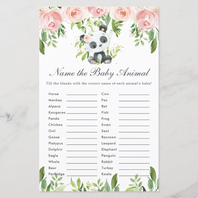 Panda Bear Pink Floral Name the Baby Animal Game (Front)