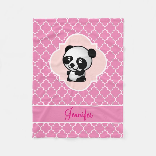Panda Bear Pink Quatrefoil with Name Fleece Blanket (Front)
