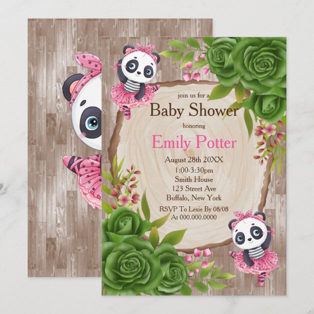 Panda Bear Pink Tutu Wood Bébé Douche Invitations (Devant / Derrière)