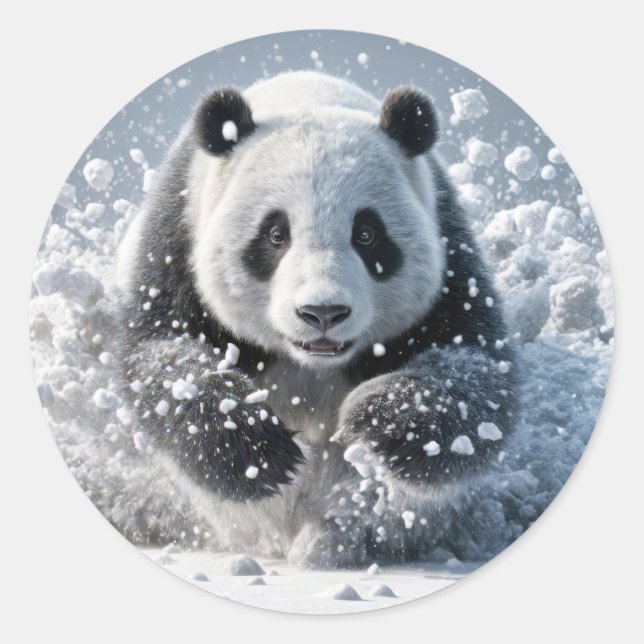 Panda Bear Running In Snow Classic Round Sticker (Front)