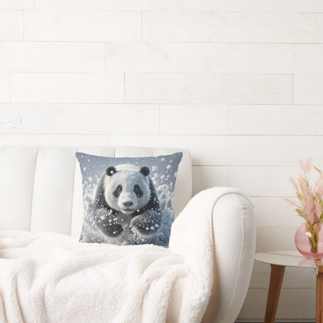 Panda Bear Running In Snow Throw Pillow (Couch)