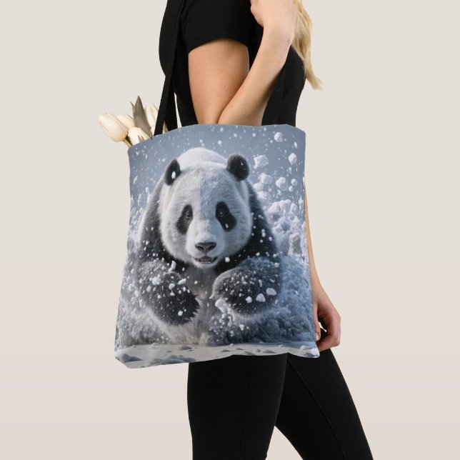 Panda Bear Running In Snow Tote Bag (Close Up)