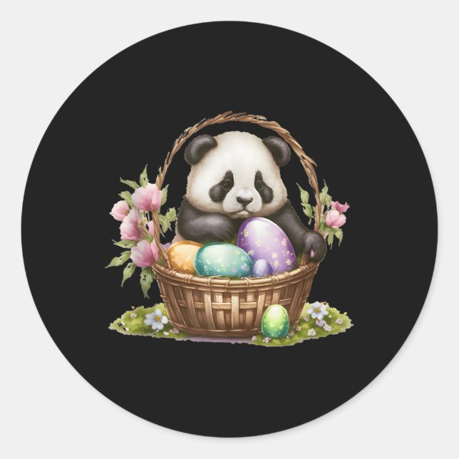 Panda Bear Sitting In Easter Eggs Basket Themed Classic Round Sticker (Front)