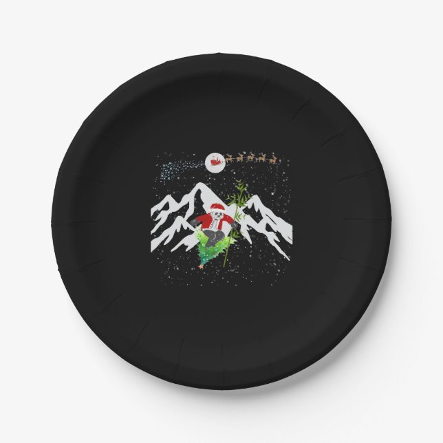 Panda Bear Skiing Christmas Tree Santa Reindeer Paper Plate (Front)