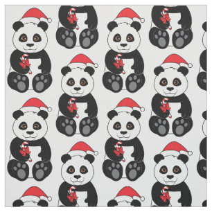Panda Bear Snacking on Bamboo at Christmas Fabric