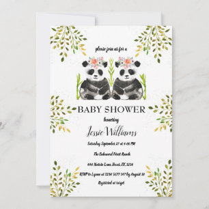 Panda Bear Twins Girl Baby Shower Greenery Nature Invitation