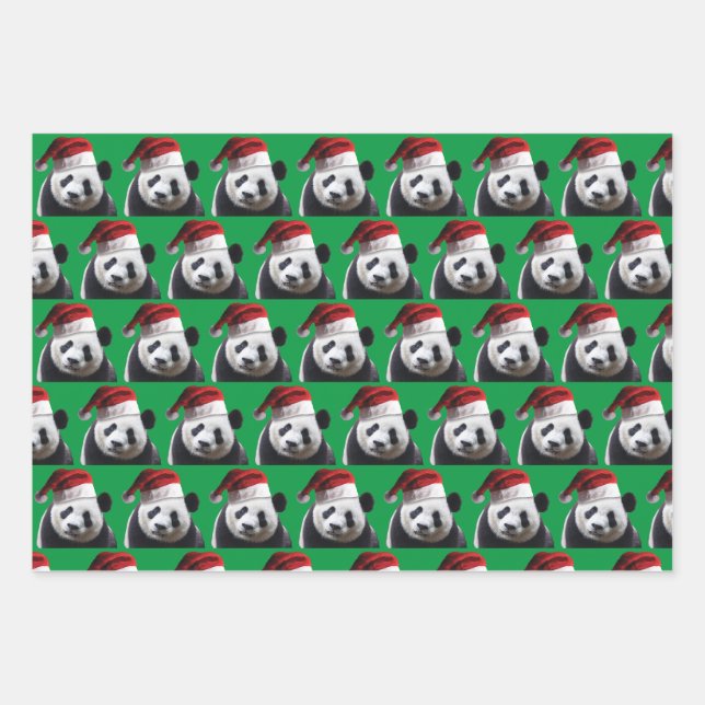 Panda Bear wearing a Santa Claus hat for Christmas Wrapping Paper Sheet (Front)