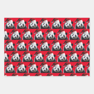 Panda Bear Wearing a Santa Claus Hat for Christmas Wrapping Paper Sheet