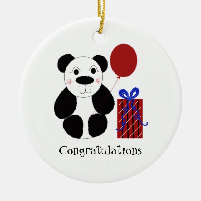 Panda Bear with Balloon Congratulations Ceramic Ornament (Front)