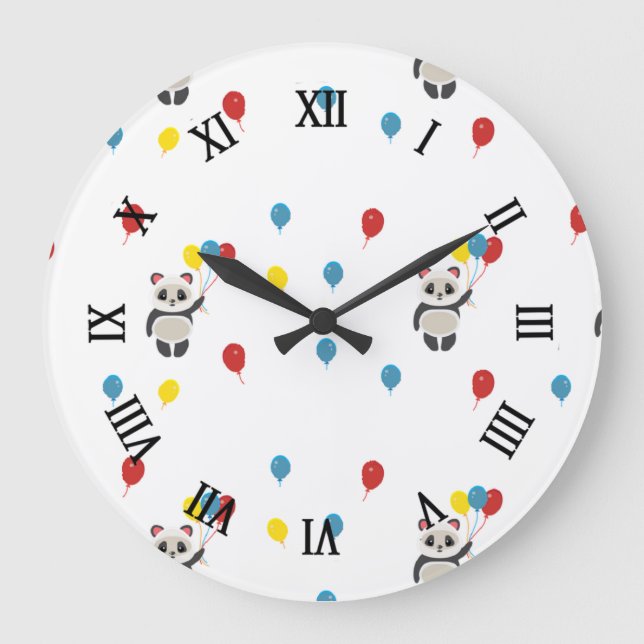 Panda bear with balloons white large clock (Front)