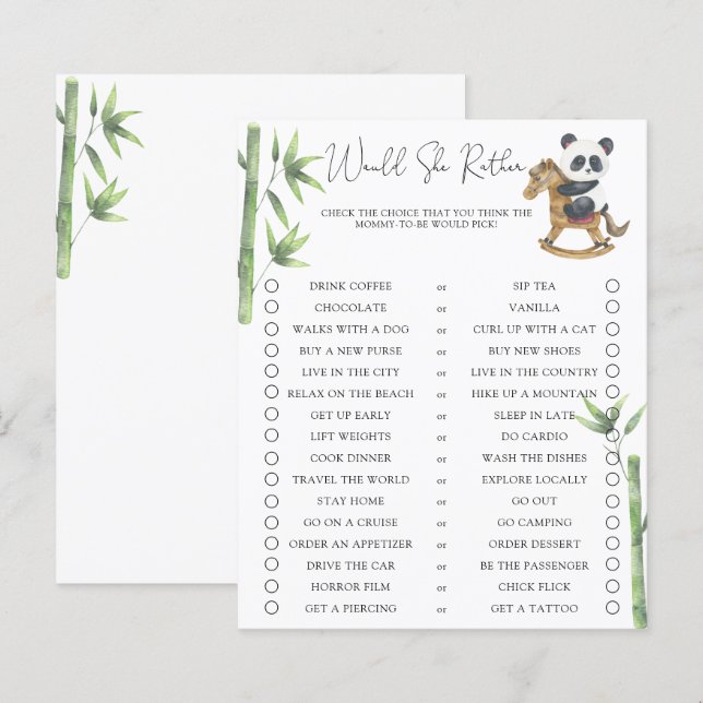 Panda Bear Would She Rather Baby Shower (Front/Back)