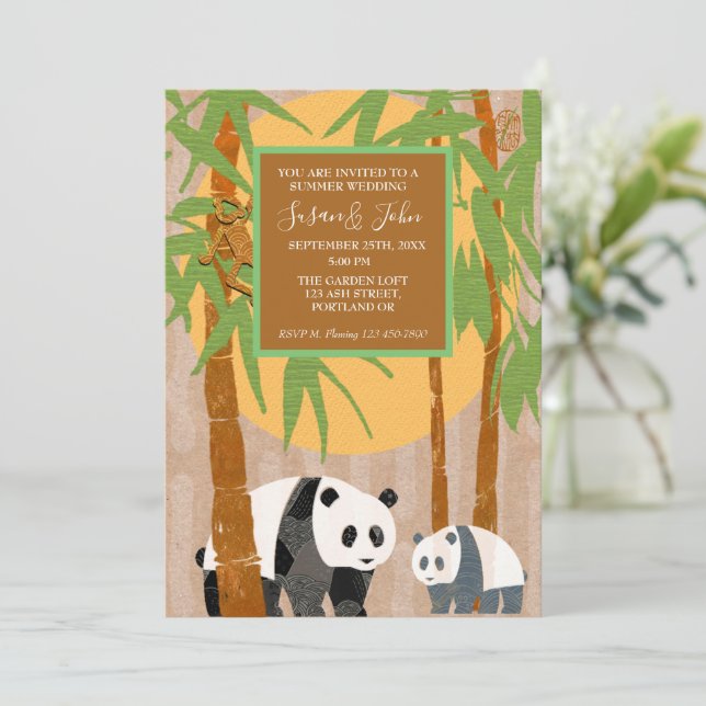 Panda Bears & Bamboo Wedding Invitation (Standing Front)