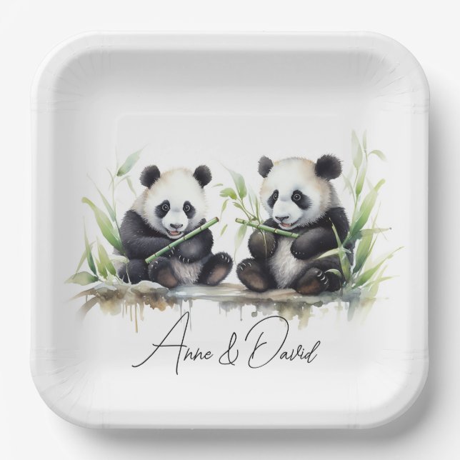 Panda Bears for Anniversary Party Paper Plate (Front)