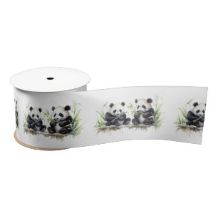 Panda Bears Watercolor Art Satin Ribbon