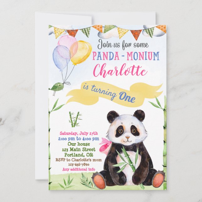 Panda birthday invitation 1st first birthday party (Front)