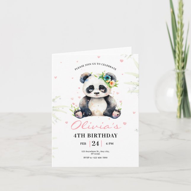 Panda Birthday Invitation, Panda Girl Birthday  Invitation (Front)