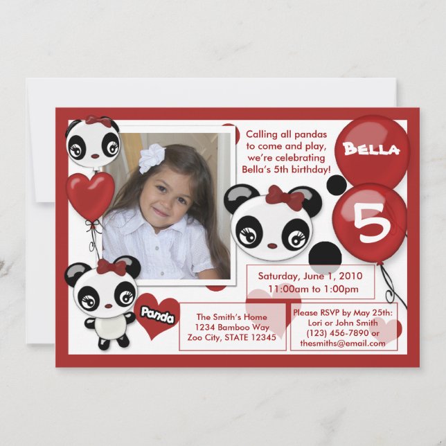 Panda birthday invitation red black (photo) (Front)