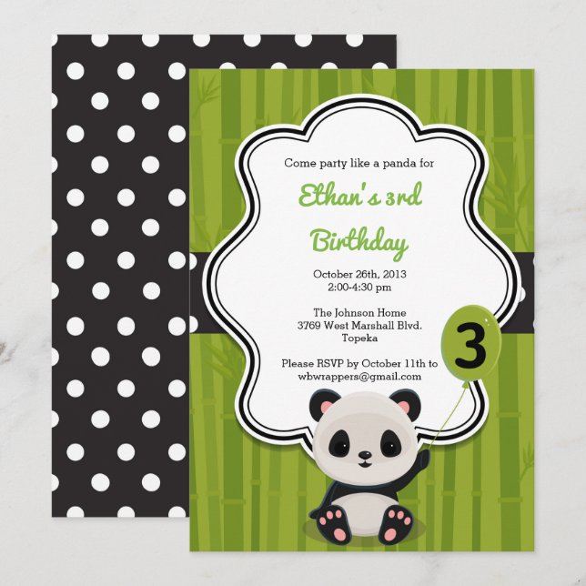 Panda Birthday Party Invitation - Green and Black (Front/Back)