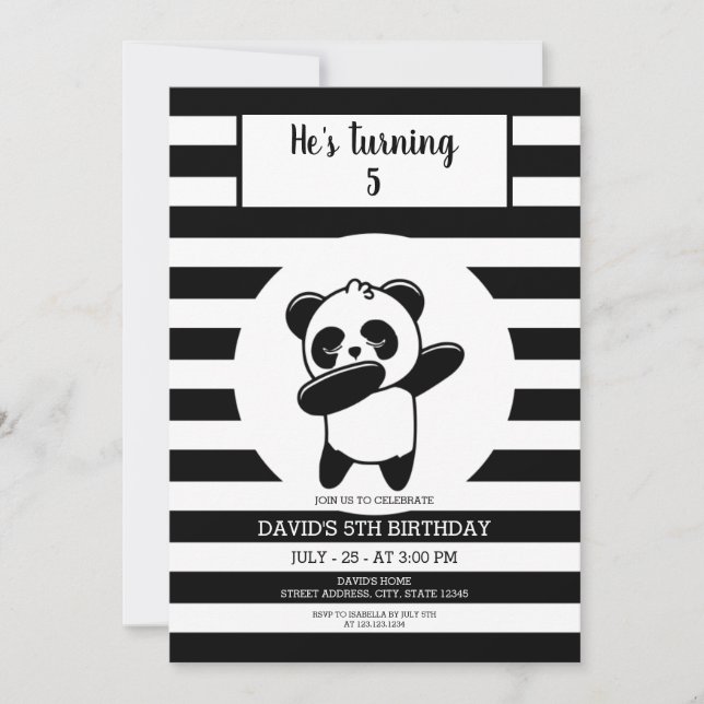 Panda Black and White Stripe Kids Birthday Invitation (Front)