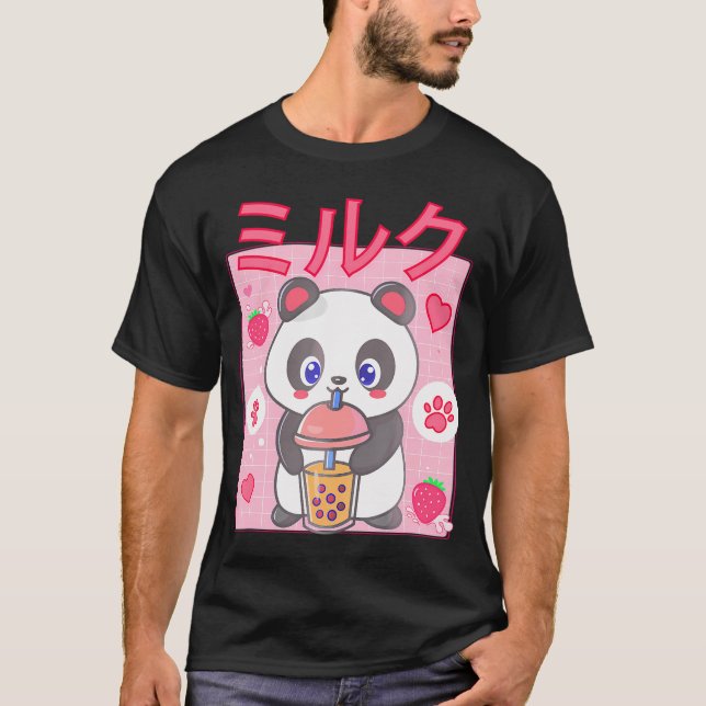 Panda Boba Tea Bubble Tea Anime Kawaii Strawberry  T-Shirt (Front)