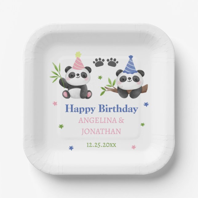 Panda Boy and Girl Joint Birthday  Paper Plate (Front)