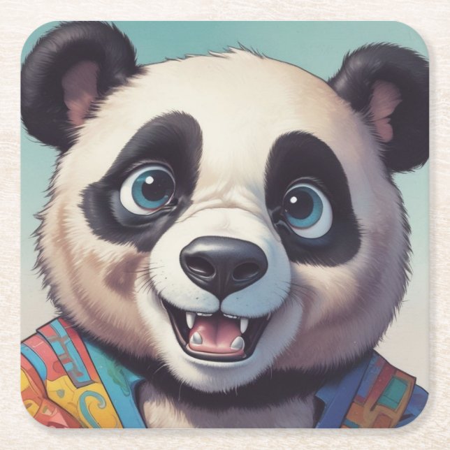 Panda Cartoon Drawing Art Square Paper Coaster (Front)