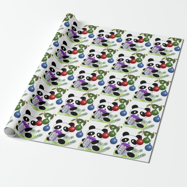 Panda Christmas present Wrapping Paper (Unrolled)