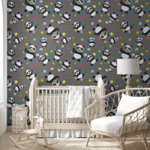 Panda colourful polka dot pattern grey background wallpaper