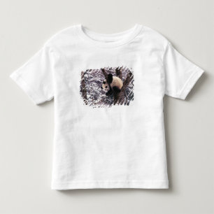 Panda cub playing on tree covered with snow, toddler t-shirt