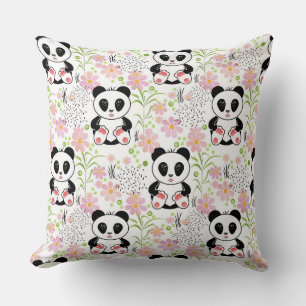 Panda cubflowers, pink, children's, throw pillow